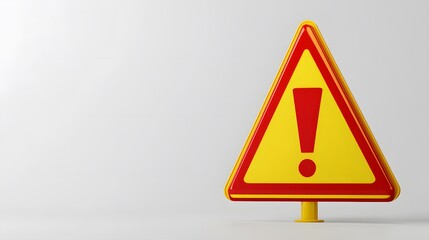 A triangular yellow and red warning sign with an exclamation mark on a pure white background, offering a minimalist composition with high detail and soft shadows.
