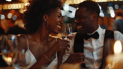 happy interracial couple in elegant attire holding glasses with wine during date in restaurant