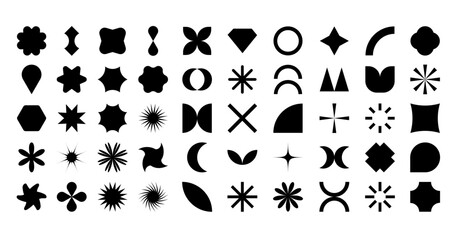 Vector set of black brutalist geometric shapes. Trendy abstract minimalist figures, stars, flowers, circles. Modern abstract graphic design elements. Memphis figures, modern swiss