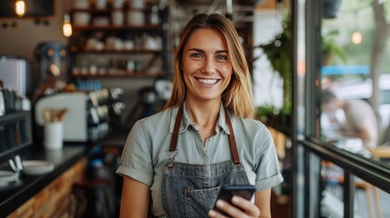 Happy young woman and restaurant owner holds her phone expertly using mobile technology to manage her small business with ease Female entrepreneur making success in the hospitality ind