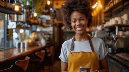 Happy young woman and restaurant owner holds her phone expertly using mobile technology to manage her small business with ease Female entrepreneur making success in the hospitality ind