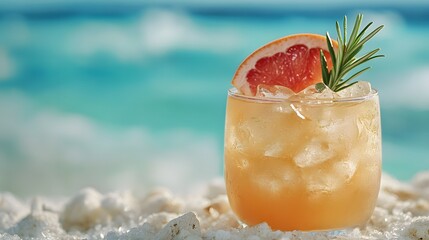 A tropical beach cocktail in a crystal clear glass with pink grapefruit garnish sits by a turquoise ocean, exuding exotic vacation vibes and summer refreshment.
