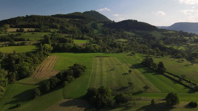 A flight above Dettingen Teck towards the Castle Teck which is located high above the mountain 