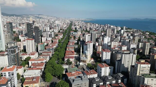 Istanbul city view, Istanbul skyscrapers and houses, Istanbul Camlıca Mosque, Beyoğlu Cihangir and Kadıkoy Bagdat Street drone shooting. Bagdat Street aerial view