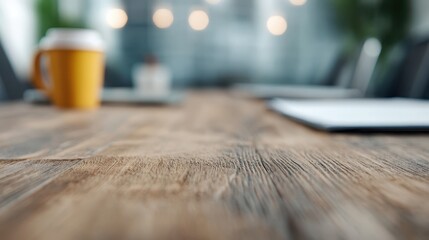 A close-up of a wooden table in a modern office setting, featuring a coffee cup and blurred background elements, suggesting a casual yet professional environment.