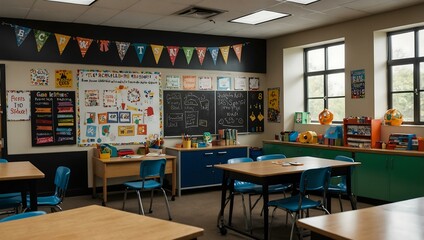Classroom emphasizing back-to-school themes.