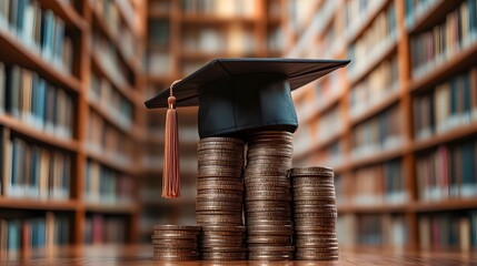 A university graduation cap rests atop a stack of coins with a blurred library background, symbolizing college education costs and academic achievement.