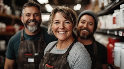 Three friendly staff members at a hardware store smiling warmly at the camera, creating an inviting and approachable atmosphere in a bustling environment.
