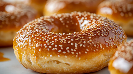 Close-up of a sesame seed bagel with golden brown crust.