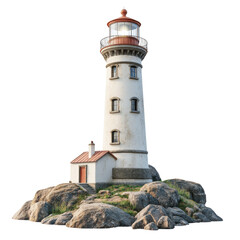 Lighthouse on rocky shore, white isolate background, guiding light for ships.