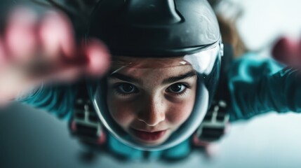 A skydiver clad in a protective suit and helmet is captured mid-freefall, experiencing the thrill and rush of skydiving, with arms outstretched against the sky.