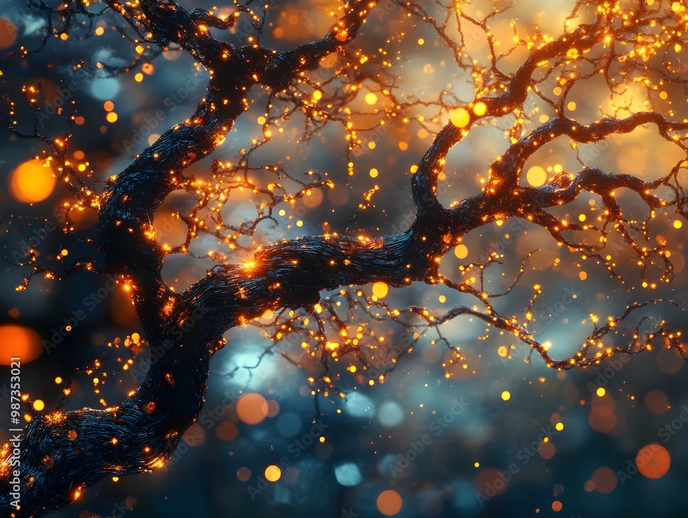 Poster glowing branches with luminous bokeh effect.