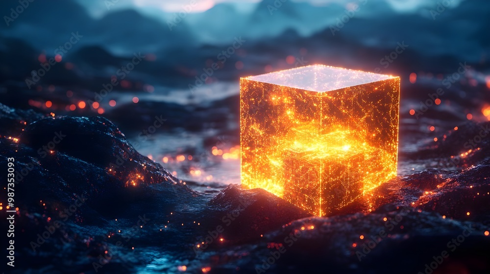 Poster glowing cube in a dynamic digital landscape