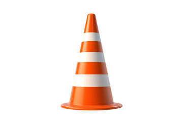 Traffic cone with orange and white stripes, isolated on white background, symbolizing road work and safety.
