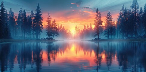 Fototapeta premium A serene sunset reflected on a calm lake surrounded by tall trees.