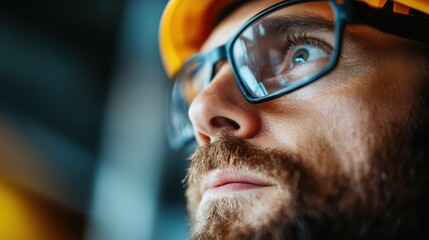 A detailed close-up of an engineer in a yellow helmet, engaged in work within an industrial setting, symbolizing precision, technical skills, and the modern industrial era.