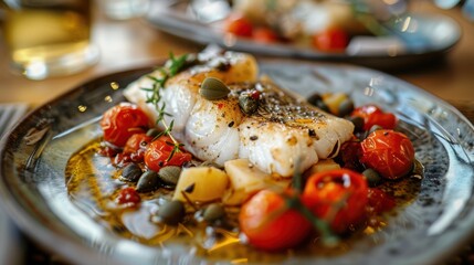 Stockfish white without tomatoes in Messina style Cod stewed with cherry tomatoes caper olive oil and potato Traditional plate of Messina Sicily Italy Selective focus