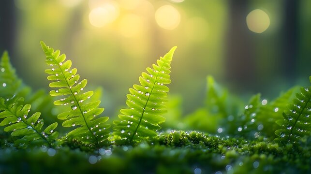 Vibrant green fern fronds on a forest floor are illuminated by dappled sunlight, creating a mystical woodland scene with rich earthy tones and ethereal atmosphere.