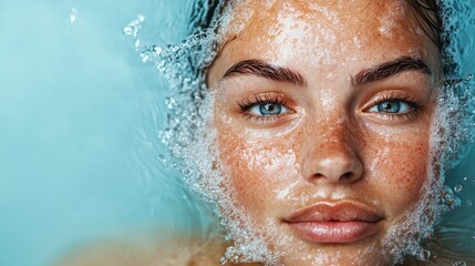 A close-up image captures a woman with freckles and clear blue eyes partially submerged in water, symbolizing tranquility, relaxation, and natural beauty.