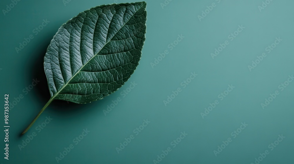 Poster a visually striking image showing a single green leaf with pronounced veins against a simple teal ba