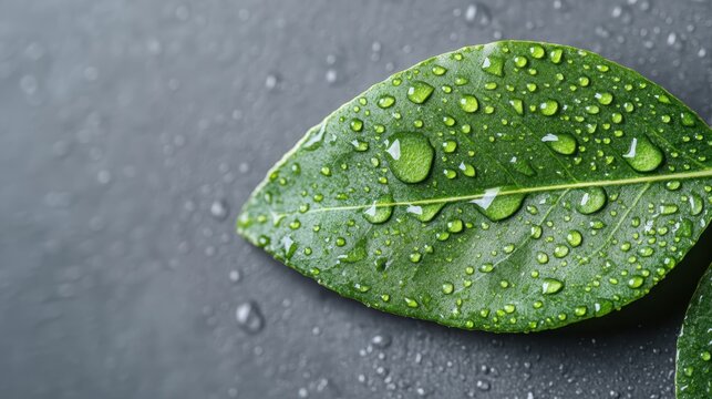 High-quality photograph of a vibrant green leaf covered with water droplets on a gray, textured background, representing freshness and natural beauty.