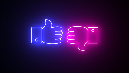 Glowing blue and purple neon social media like dislike button symbol. Neon thumb up and down sign icon