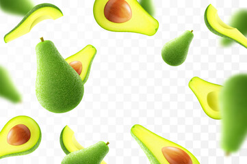 Flying ripe fresh avocado. Bright advertising background falling juicy fruit avocado. Realistic illustration with blurred effect. 3d vector design for advertising banners and web page design
