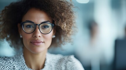 A confident woman with curly hair and glasses looks directly at the camera, embodying determination and focus. The setting suggests a professional environment.