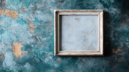 A rustic, weathered frame with a distressed finish is set against a teal and gold background,...