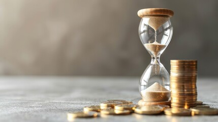 Time and money concept with hourglass and increasing coin stacks on a neutral background. Financial planning and investment theme for presentations and web design