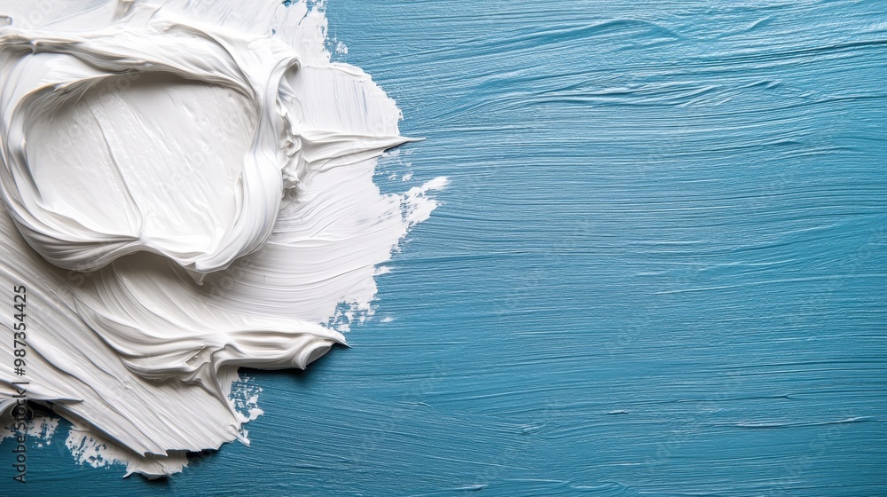 Poster an engaging image showcasing thick white paint smears on a blue canvas, epitomizing artistic express