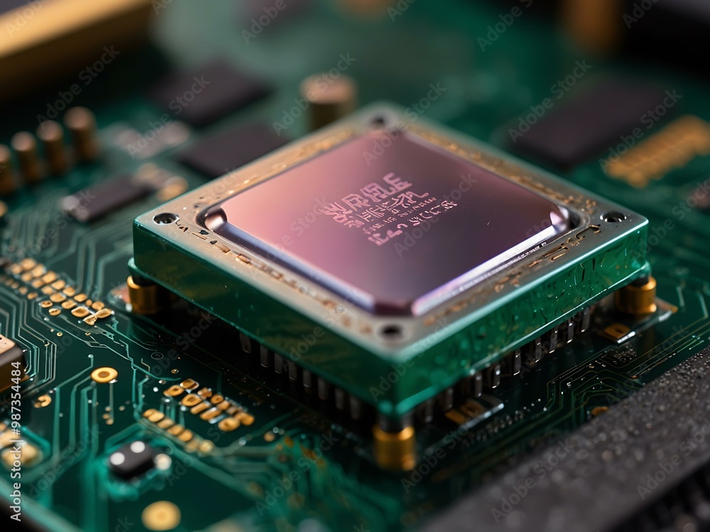 Poster close-up of a sleek iridescent cpu on a glossy circuit board.
