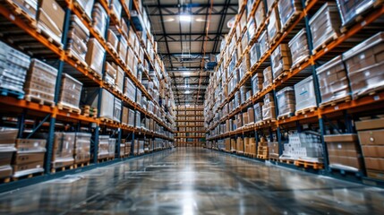 Warehouse industrial and logistics companies. Commercial warehouse. Huge distribution warehouse with high shelves. Low angle view