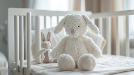 Wooden white baby crib and toy rabbit close up