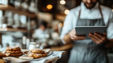 A chef wearing an apron uses a tablet in a bustling kitchen, with a batch of freshly baked cookies on baking paper in the foreground, illuminated by warm lights.