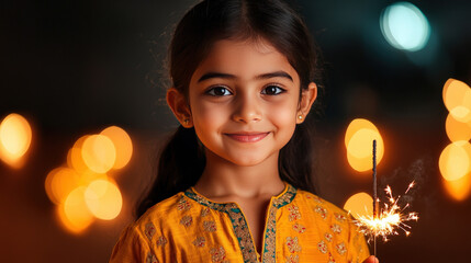 Indian children playing with sparklers in a courtyard, dressed in colorful traditional clothes, [Diwali Kids with Sparklers], [Joyful celebration] 