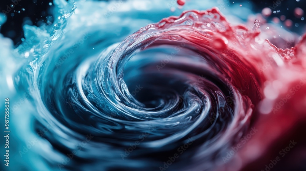 Poster this image captures red and blue liquid swirling together dynamically underwater, symbolizing the me