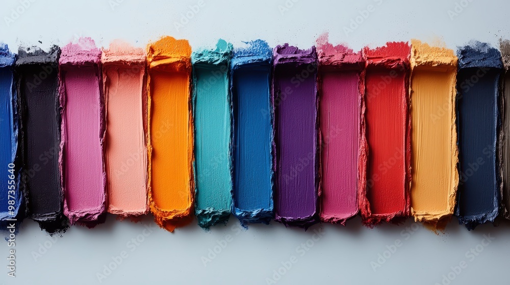 Poster multiple blocks of vibrant paint swatches organized in a neat row displaying a spectrum of different