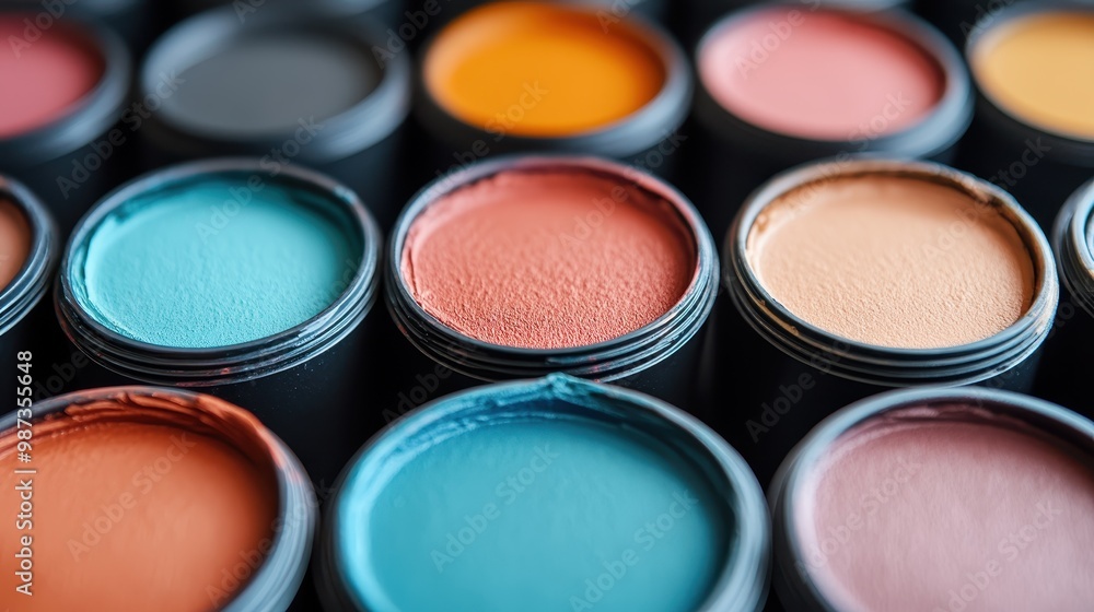 Poster several open cans of paint in an array of colors, highlighting the various shades available for use 