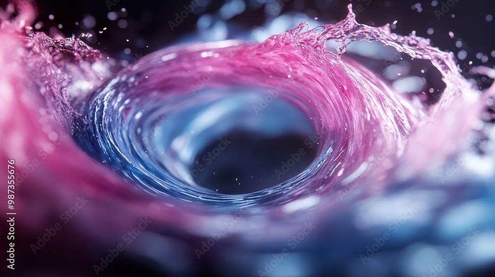 Poster a mesmerizing whirlpool formed by pink and blue liquids intertwining, showcasing a dynamic blend of 