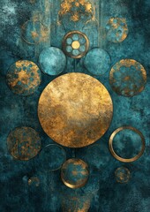A painting of a gold circle surrounded by blue circles