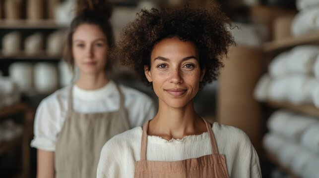 A smiling woman with curly hair and an apron stands confidently in a pottery studio, her warm demeanor highlighting her artistic and creative personality.