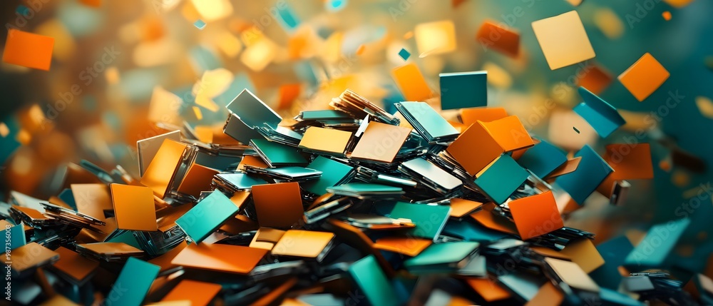 Poster abstract background with orange and teal squares.