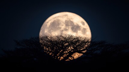 Curtains A mesmerizing view of a full moon rising behind the intricate silhouette of tree branches, capturing the beauty and mystery of the nocturnal landscape.