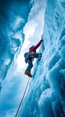 Ice climbing, climbing on an ice wall, blue sky with white clouds