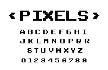 Y2k 00s pixelated black and white alphabet with numbers. For poster design or typography.