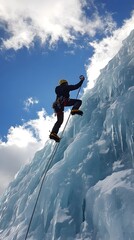 Ice climbing, climbing on an ice wall, blue sky with white clouds