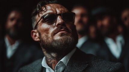 A man wearing a grey suit and white shirt sits in front of an audience. Noticeable is the intricate tattoo on his neck, hinting at a creative personality.