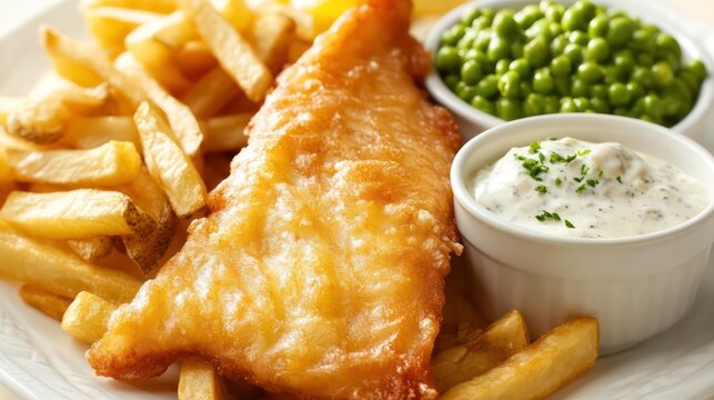 A plate of crispy fish and chips with a side of peas and creamy sauce. - Powered by Adobe