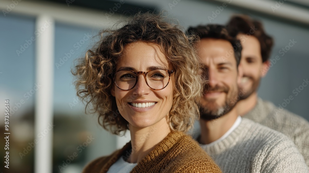 Wall mural A woman with curly hair and glasses smiles confidently, positioned in front of two blurred men, suggesting leadership, individuality, and a sense of community.